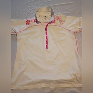 Adidas Top Womens Medium Pink White Floral Polo Climacool Golf Vented Back Clima